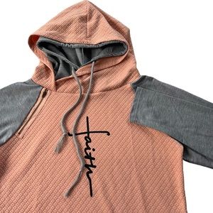 Faith Women Medium Pink Gray Double Hooded Raglan Sleeve Cotton Blend Sweatshirt